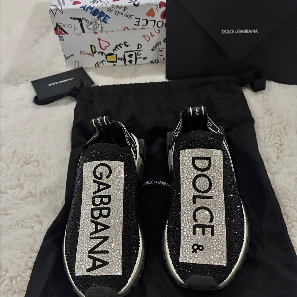Authentic Dolce & Gabbana Black and White Crystal Logo Slip-Ons